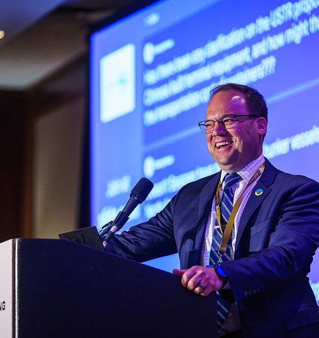 A man speaking at CMA Shipping