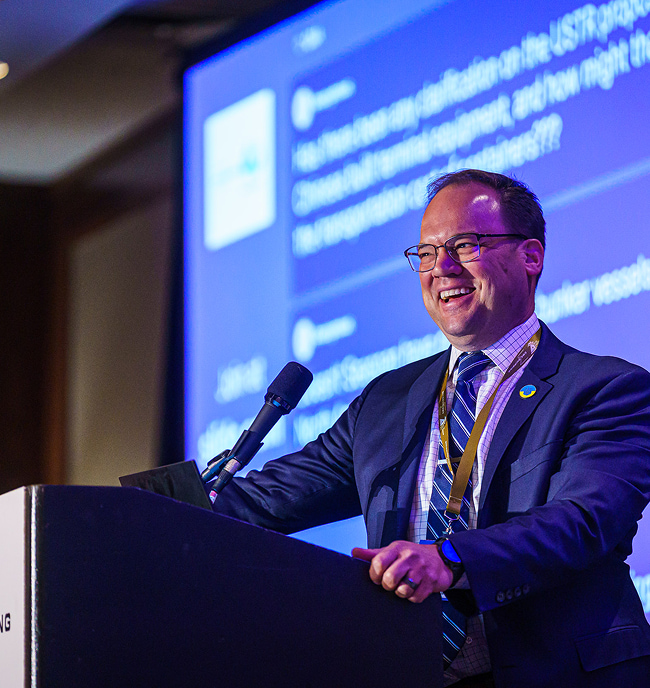 A man speaking at CMA Shipping
